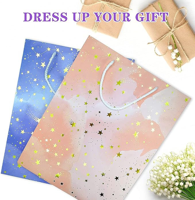 BLESZSING Gift Bag Birthday Large Gift Bags Set Included 2 Pack Paper Gift Bags with Tissue Paper Colorful Pink Blue Gift Bags 125 Large Size Blue Pink and Star Large (Pack of 2)