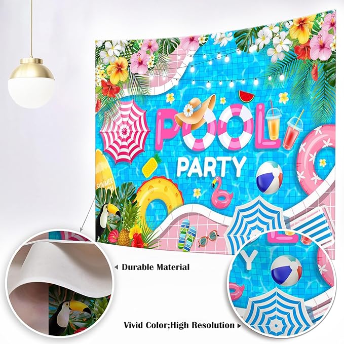 Mocsicka Summer Pool Party Backdrop Swimming Beach Ball for Kids Girls Birthday Party Decorations Pool Flamingo Lifebuoy Summer Photography Background (Blue, 10x7ft(120''x82''))