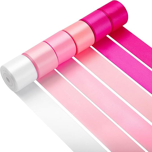 LIUYAXI Pink Double Face Satin Ribbon 1-1/2 Inch x 6 Rolls Total 60 Yards- White Pink Ribbon for Gift Wrapping, Crafts, Flower Bouquets, Hair Bows, Wedding,Valentine's Day
