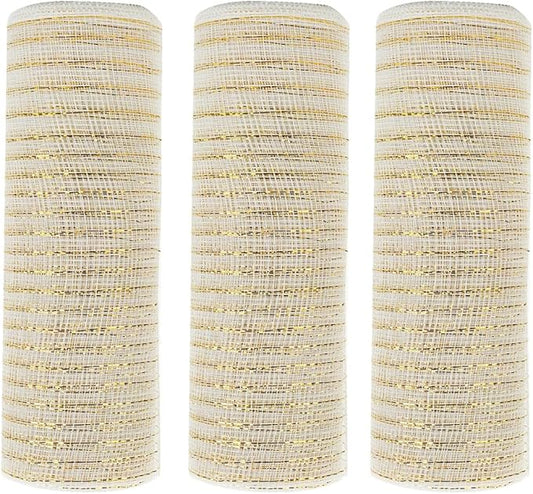 3 Rolls White Deco Mesh Ribbon for Wreath Making Supplies, 10 Inch x 30FT Metallic Foil Burlap Deco Mesh Fabric for DIY Crafts Christmas Tree New Year Wedding Wreath Swags and Decorating