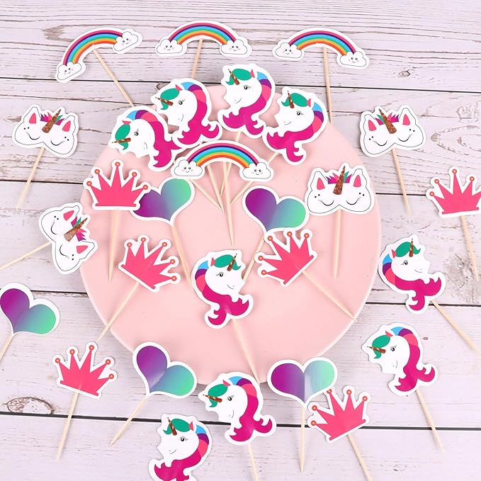 CCINEE 48pcs Rainbow Unicorn Cupcake Toppers Picks Double-Sided Paper Unicorn Cake Toppers for Birthday Party Dessert Decoration