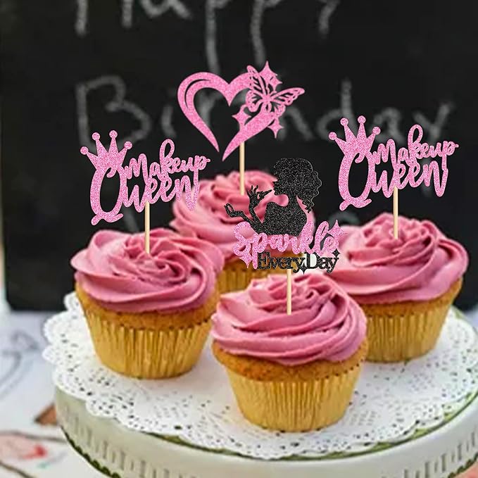 Ercadio 24Pcs Makeup Girl Cupcake Toppers Glitter Pink Makeup Queen Cupcake Picks for Make-up Artist Birthday Cupcake Decorations Fashion Girls Cosmetics Make-up Party Supplies