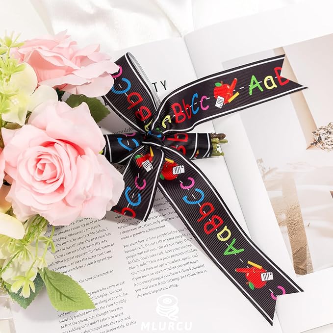 Back to School Themed Grosgrain Ribbon 3 Rolls Set 5/8" 7/8" 1.5", ABC Alphabet Apple Print Craft Fabric Ribbon for Teacher Appreciation Wreath Garland Bows Sewing Gift Wrapping Classroom Party Decor