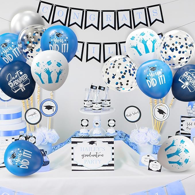 2026 Graduation Party Decorations, 70pcs Grad Balloons Blue and White Graduation Decor for College High School Class of 2026 Congrats Grad Party Decor