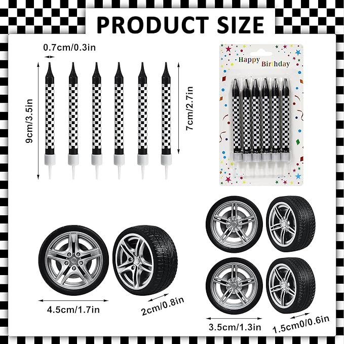 12 Pcs Racing Cars Themed Birthday Candles, Black and White Checkered Birthday Cake Candles, Racing Candle Wheel Tire for Racing Car Party Decoration Theme Party Supplies (General)