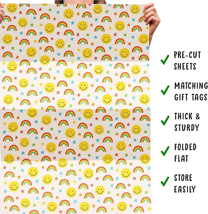 CENTRAL 23 Rainbow Wrapping Paper - 6 Sheets Colorful Gift Wrap For Kids Boys Girls Friends - Birthday Christmas Party - Fun Happy Face Smiley Stars Pastel - Comes With Tags