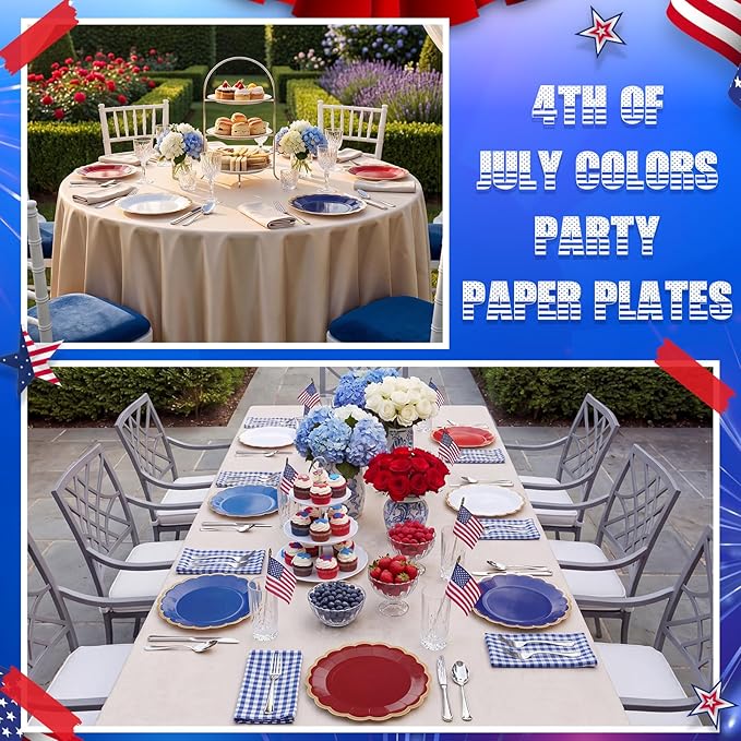 48 Pcs 4th of July Paper Plates 9 Inch red white and blue Scalloped Paper Disposable Dinner Dessert Plates for Birthday Wedding Bridal Party Supplies, 6 Colors