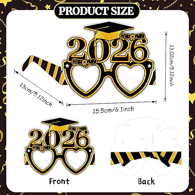 2026 Graduation Party Decorations Glasses, 12 Pcs Class of 2026 Grad Party Eyeglasses Photo Props, Graduation Photo Booth Props for Women Men College Graduation Favors Supplies (Gold)