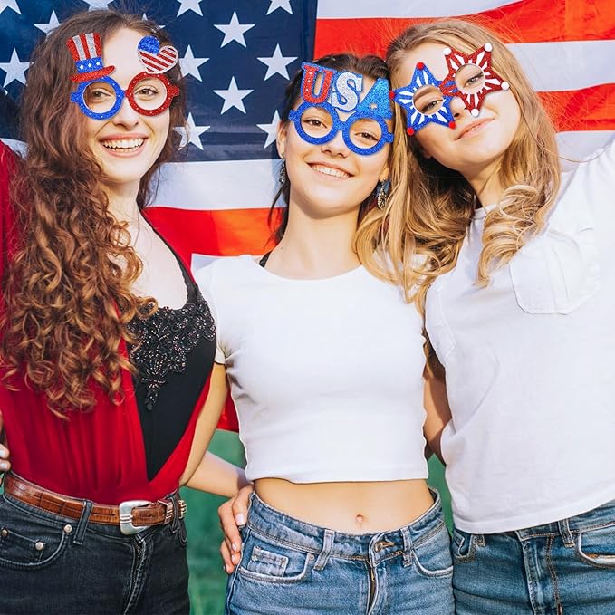 6 Pcs 4th of July Glasses Party Decor, Glitter Party Sunglasses Frames Novelty Costume Eyeglasses Photo Props for Adults, Independence Day Decorations Fun Holiday Party Favors, Memorial Day