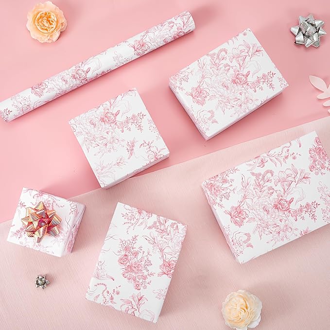 WERNNSAI Pink Wrapping Paper Roll - 1 Roll 17”x 33 ft Vintage Floral Wrapping Paper Pink Flower Gift Wrap for Girls Women Birthday Bridal Shower Wedding Supplies