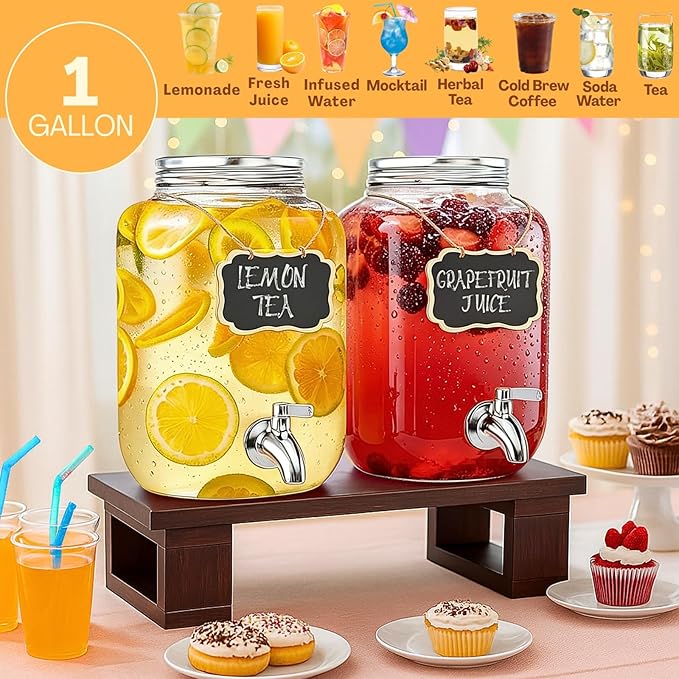 2PCS Large Glass Drink Dispensers for Parties, Glass Beverage Dispenser with Solid Wood Stand, Lemonade Dispenser with Stainless Steel Spigot & Filter for Juice, Sun Tea, Punch, Ideal for Parties