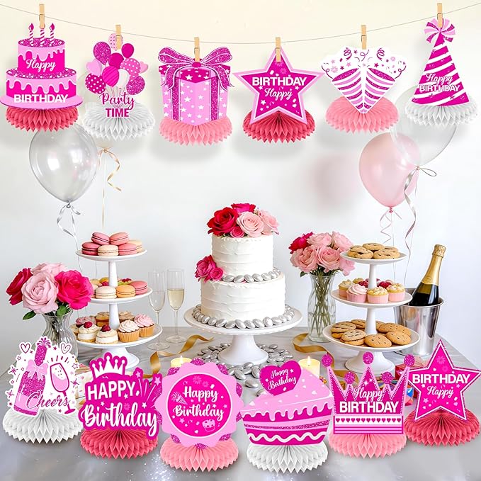 12Pcs Hot Pink Birthday Decorations Honeycomb Centerpieces for Women Girls, Hot Pink Happy Birthday Table Centerpieces for Kids Teens Adults Birthday Party Table Topper Sign Decor Supplies