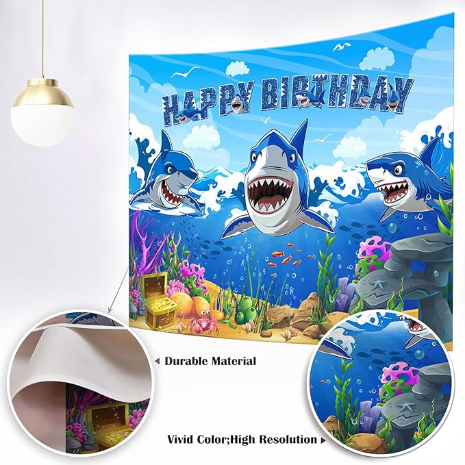 Mocsicka Shark Birthday Backdrop Shark Themed Under The Sea Happy Birthday for Boys Party Decorations Cake Table Banner Photography Background Party Supplies