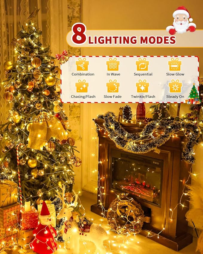 Christmas Lights String Outdoor Indoor, Xmas Tree Decorations Lights, Plug in Twinkle Fairy Light with Remote Timer Dimmable for Room Yard Holiday Party Wedding Decor (Warm White, 108FT 300 LED)