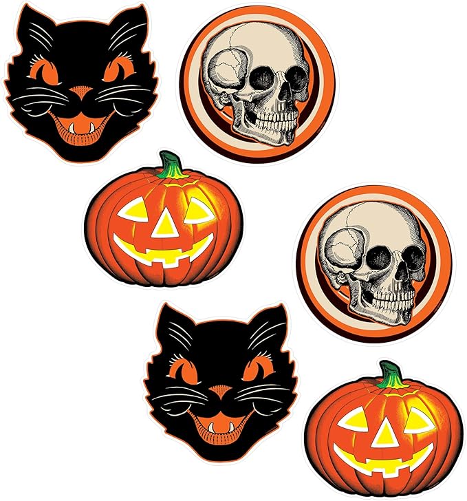 Beistle Plastic Vintage Halloween Cutouts – 6 Pack, Classic Retro-Style Decorations with Black Cat, Skull & Jack-O’-Lantern, Indoor or Outdoor Décor for Spooky Seasonal Displays & Parties, 10”–12”