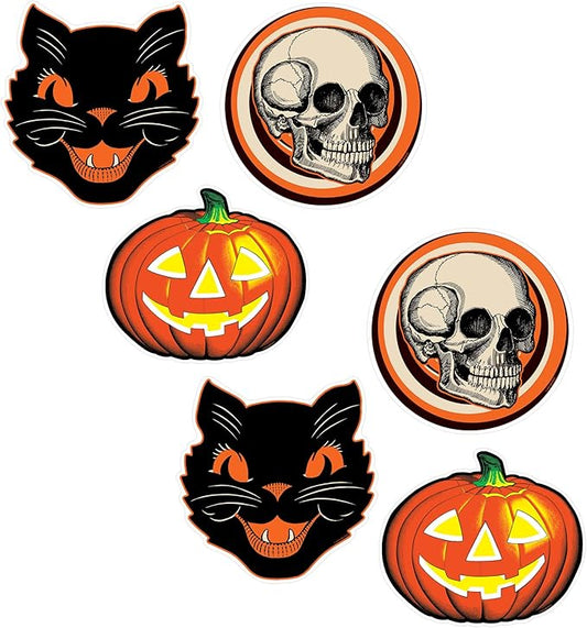 Beistle Plastic Vintage Halloween Cutouts – 6 Pack, Classic Retro-Style Decorations with Black Cat, Skull & Jack-O’-Lantern, Indoor or Outdoor Décor for Spooky Seasonal Displays & Parties, 10”–12”