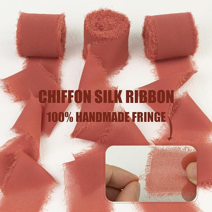 Rust Chiffon Ribbon - 1.5 Inch x 21 Yards, Handmade Fringe, Silk, Boho Frayed, Perfect for Gift Wrapping, Wedding Invitations, Bridal Flower Bouquets
