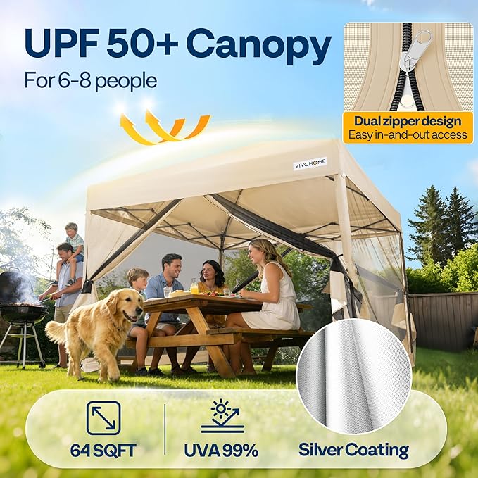VIVOHOME 8x8ft Easy Pop-Up Canopy, Outdoor Screen Tent with Mosquito Netting, 2 Zipper Doors, and Roller Bag for Yard Camping Picnic Party Events, Beige