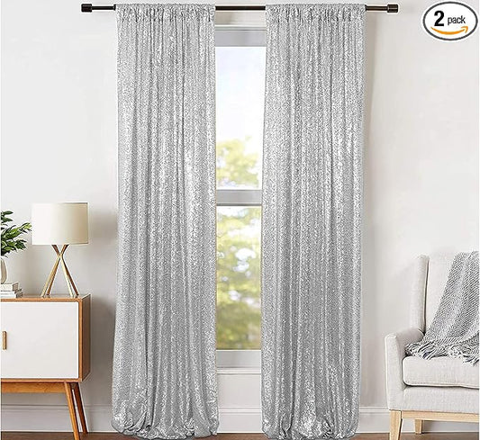 JYFLZQ Silver Sequin Backdrop Curtains 4ft x 8ft 2 Panel Glitter Photo Booth Backdrops Sparkly Photography Background Drapes for Parties Wedding Bridal Showers