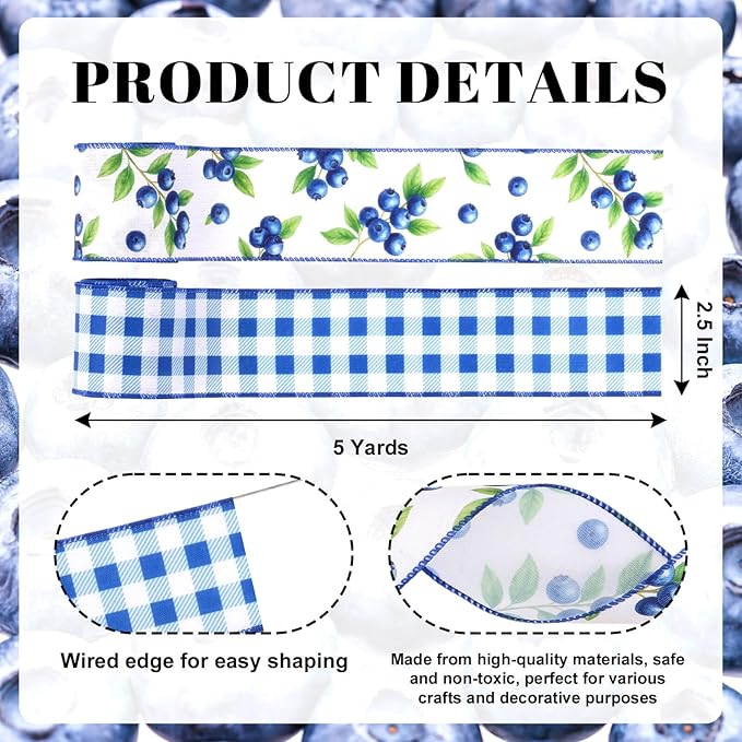 Blueberry Wired Edge Burlap Ribbons 2 Pack - 2.5 Inch Fall Theme Ribbon Set, 5 Yards Each for Wreaths Crafts Decorations Gift Wrapping