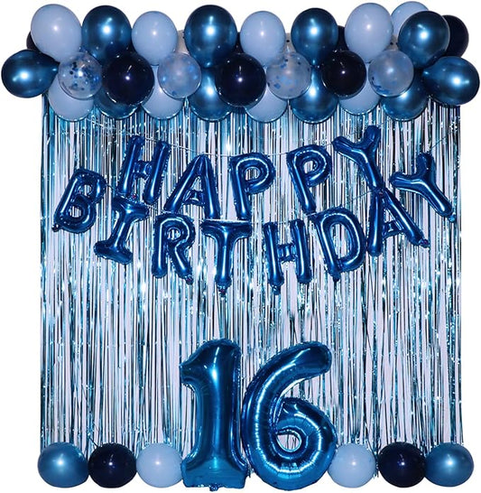 16th Birthday Decorations for Boys 16th Birthday Balloons 16 Cake Topper Happy Birthday Banner Blue Streamers Happy 16th Birthday Decorations