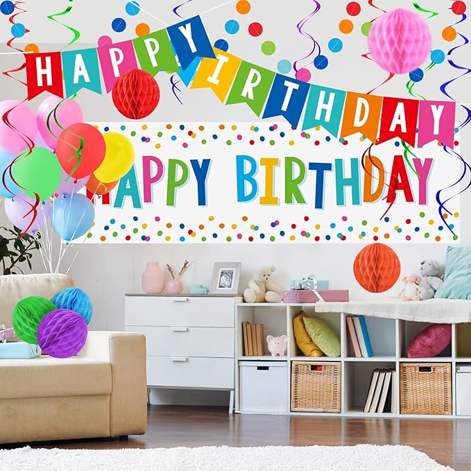 Happy Birthday Decorations Kit: Happy Birthday Banner,Birthday Dots Design Plastic Backdrop, Circle Confetti Garland, Swirl Streamers, Honeycomb Balls & Party Balloons - Table Centerpiece Set