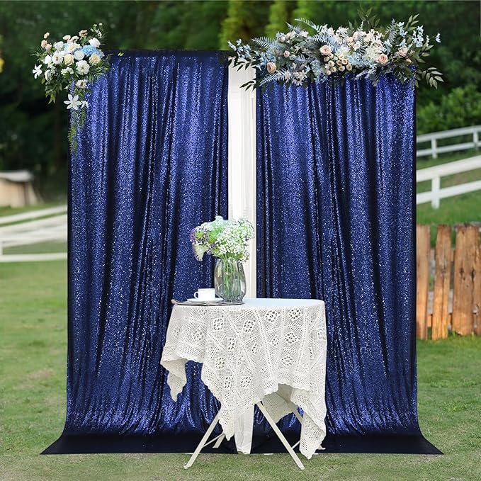 PartyDelight Navy Blue Sequin Backdrop 5x10ft 2 Panels - High Density 3mm Shimmer Sequin Background for Independence Day, Wedding, Stage & Event Decor