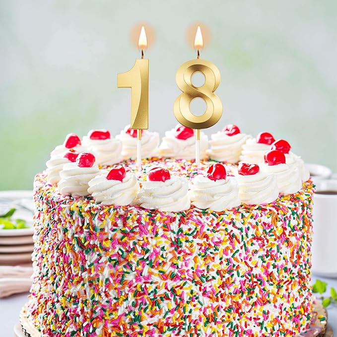 BBTO 18th Birthday Candles Number Candles Cake Topper Decoration for Birthday Wedding Anniversary Celebration Supplies(Gold)