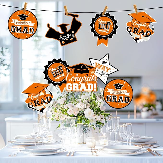 24Pcs Graduation Party Decorations Class of 2026, Graduation Centerpieces for Tables, 2026 Congrats Grad Party Centerpiece Stick Table Toppers for Graduation Party Supplies (Orange,Black)