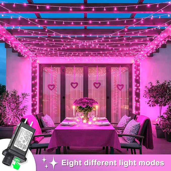 40 FT 120 LED Pink String Lights Indoor, Pink Valentines Day Lights with 8 Modes Clear Wire Waterproof, Plug in Fairy Lights for Bedroom Valentines Day Wedding Holiday Party Tree Decorations