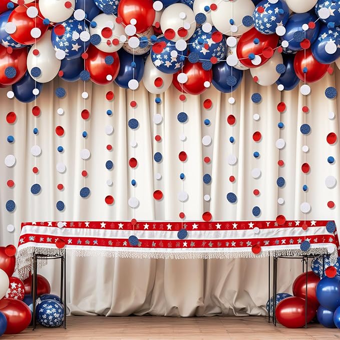 Outus 10 Pieces Blue,White,Red Round Dots Garland Graduation Party Hanging Decor Each Length 13.1ft Glitter Paper Dot Streamers for Birthday Wedding Classroom Supplies