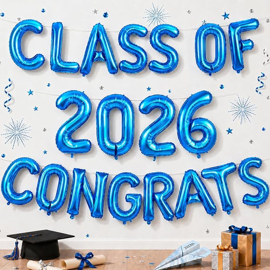 Blue Class of 2026 Congrats Balloons, 2026 Graduation Decorations 16inch Congrats Grad Foil Balloons Banner Sign for Class of 2026 College High School Graduation Prom Party Backdrop Supplies