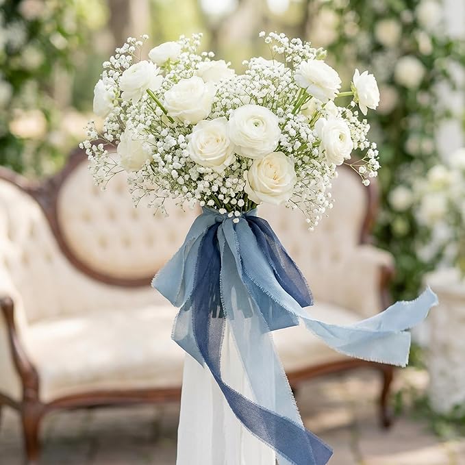 Gray Blue Chiffon Ribbon Set, 3 Pack 1.5 Inch Frayed Edge Polyester Chiffon Ribbon, 21 Yards Total Gray-Blue Palette for Wedding Bouquets, Invitation Styling and Gift Wrapping