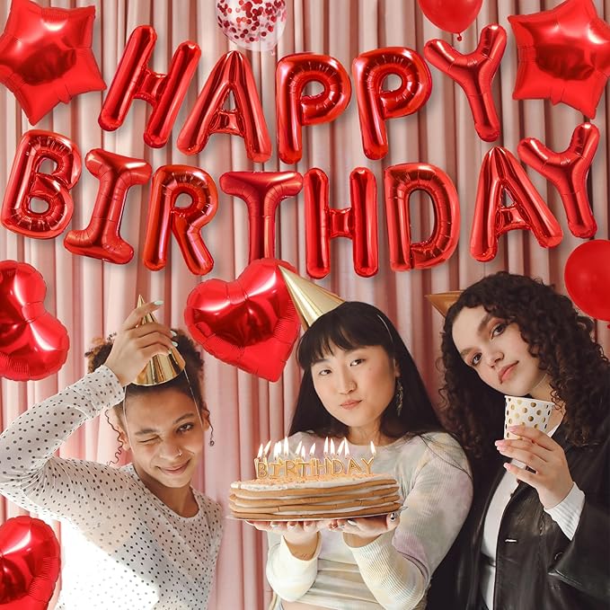 CANREVEL Happy Birthday Balloons Banner 16 Inch Mylar Foil Letters with Star & Heart Balloons Birthday Party Decorations for Men and Women - 30 Pcs Red