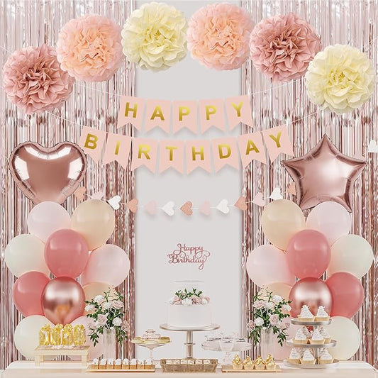 Boho Dusty Pink Birthday Decorations for Women, Happy Birthday Party Decorations, Happy Birthday Banner, Retro Pink Nude Ivory White Sand Balloons, Paper Pompoms, Heart Garland, Party Decor for Girls