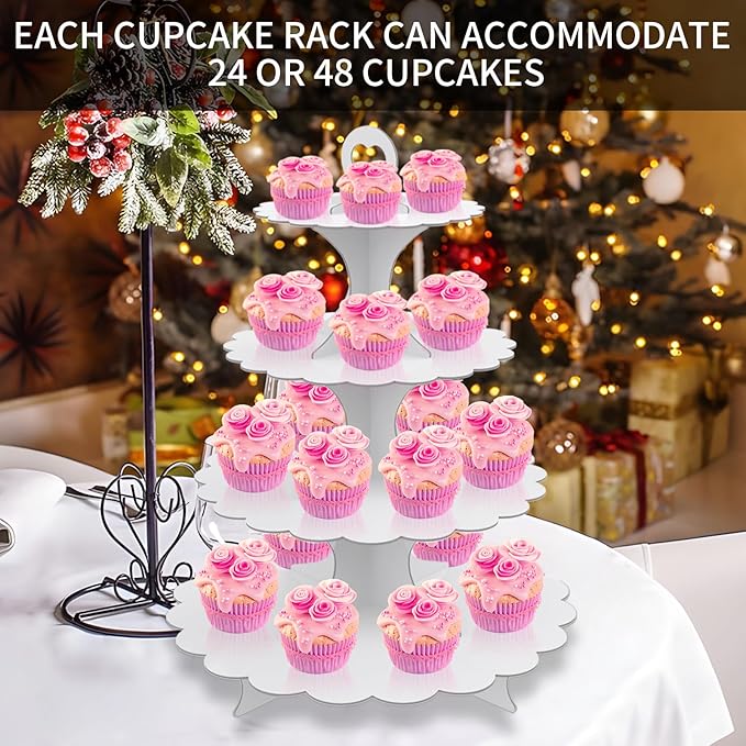 2 Pack 4-Tier Cupcake Stand, White Cardboard Round Dessert Display Tower for Weddings & Parties & Birthday Decoration Supplies