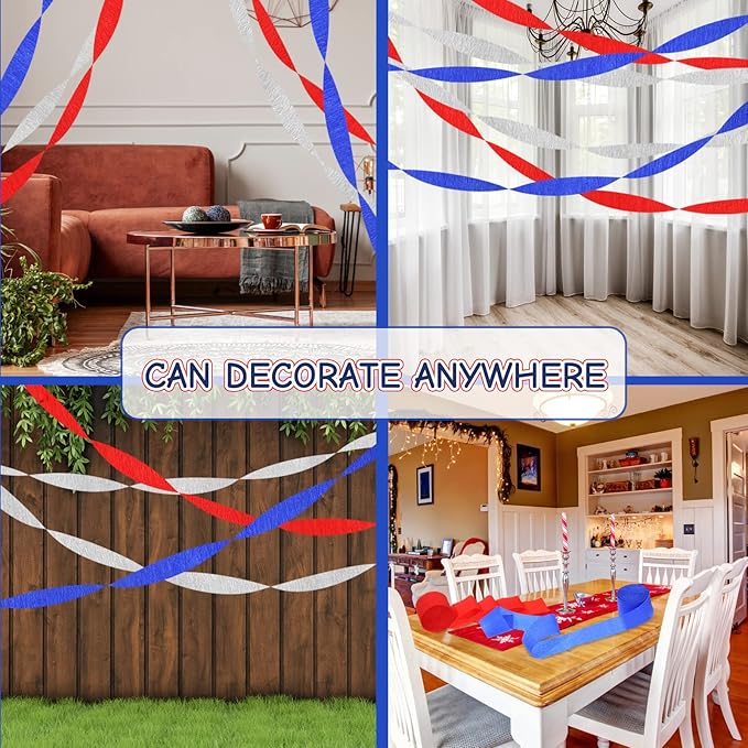 Sherr 24 Rolls Crepe Paper Streamers Hanging Party Decoration Holiday Streamers for Arty Decorations, Birthday Decorations, Wedding Decorations (Red, White, Blue,1.8 Inch x 98 Feet)