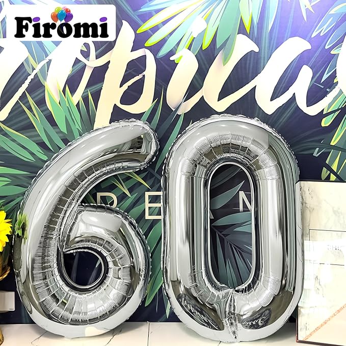FIROMI 60 Number Balloons Silver Big Giant Jumbo Huge Foil Mylar 60 Balloon Numbers for 60th Birthday Party Anniversary Events Decorations 40-inches