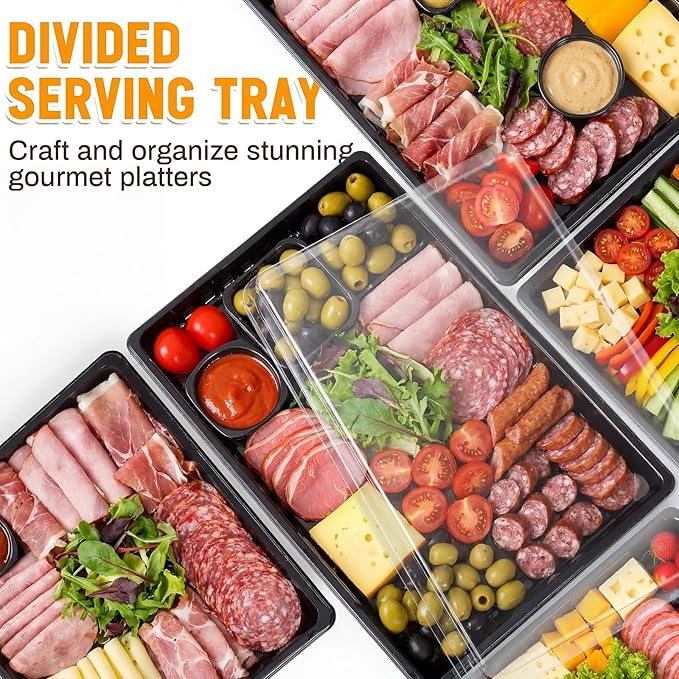 Shellwei 10 Pack Extra Large Charcuterie Board with Lids, 15 x 10 Inch Plastic Catering Trays for Cookies, Desserts, Candy, Reusable Serving Platters for Travel Party