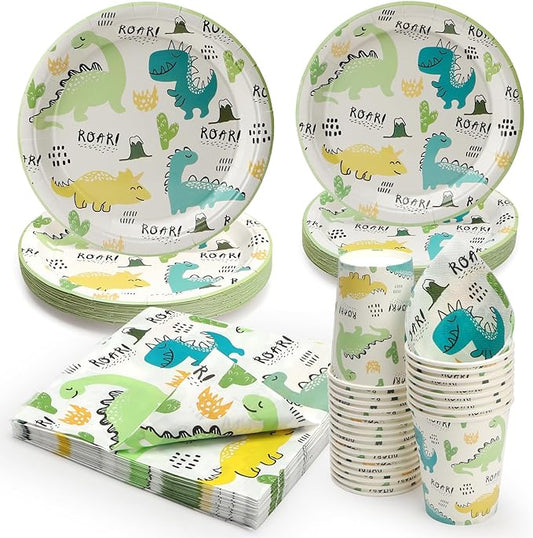 Dinosaur Party Plates and Cups and Napkins Sets, Green Dinosaur Birthday Cute Pastel Paper Plates and Napkins for Dino Theme Birthday Party, Disposable Tableware Sets, Serve for 24 Guests