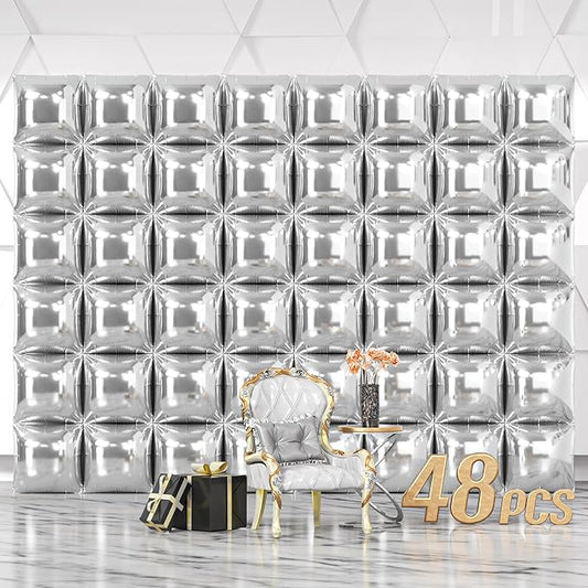 NISOCY 48PCS Metallic Silver Square Foil Balloons Wall Backdrop Chrome Silver Balloons Tunnel Garland Arch Kit for New Year Anniversary Bachelorette Birthday Engagement Bridal Shower Party Decorations
