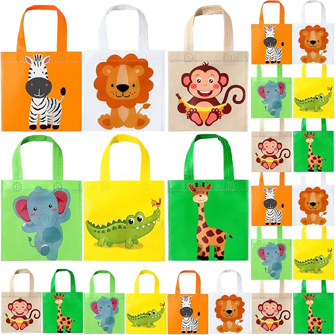 Tallew 24 Pack Safari Favor Bags with Handle Non Woven Jungle Animal Treat Goody Bags Lion Tiger Elephant Monkey Crocodile Giraffe Safari Birthday for Kids Party Baby Shower Decorations Supplies