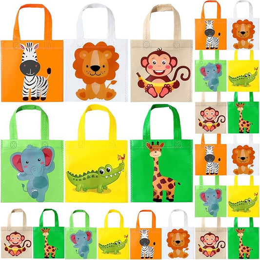 Tallew 24 Pack Safari Favor Bags with Handle Non Woven Jungle Animal Treat Goody Bags Lion Tiger Elephant Monkey Crocodile Giraffe Safari Birthday for Kids Party Baby Shower Decorations Supplies
