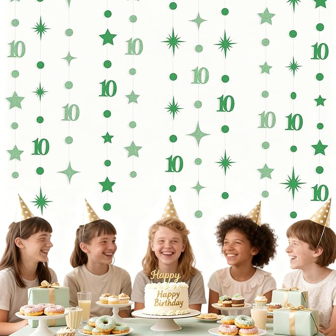 Green 10th Birthday Decorations Number 10 Circle Dot Star Garland Glitter Streamer Banner Backdrop for Girls Boys Double Digits Cheers to 10 Years Old Birthday 10th Anniversary Party Supplies