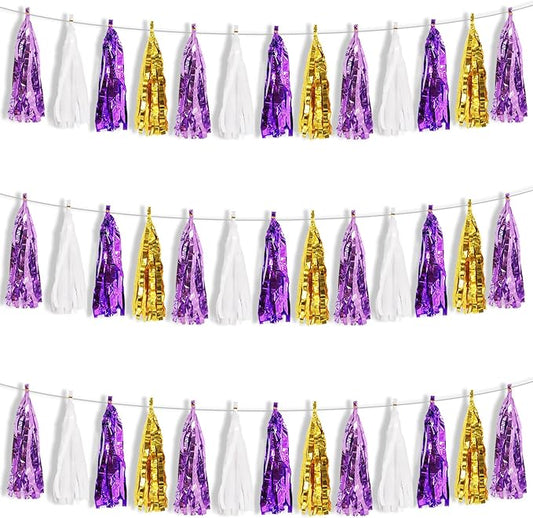 BEISHIDA 3 Packs Purple Gold White Metallic Foil Fringe Tassel Garland Banner Streamers for Graduation Birthday Wedding Bridal/Baby Shower Engagement Girl Theme Halloween Holiday Party Decoration