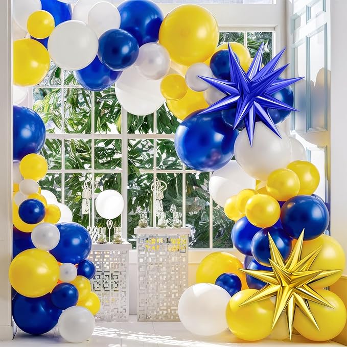Blue Yellow Balloon Arch Kit, Royal Blue and Yellow White Balloons Garland Kit with 4D Foil Star Balloons, for Graduation 2026 Baby Shower Anniversary Birthday Wedding Party Decoration