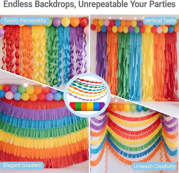 Colorful Rainbow Crepe Paper Streamers Birthday Party Backdrop for Banner and Balloons, Muilti Color Backdrop -6 Rolls Each 25 Meters 1.7in Wide