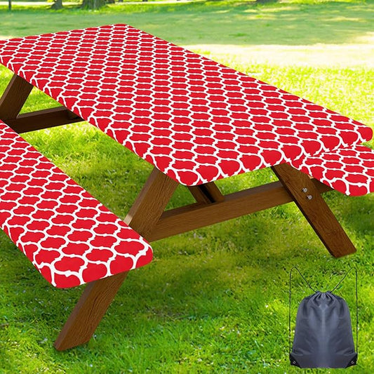 Smiry Picnic Table Cover with Bench Covers, Waterproof Elastic Fitted Tablecloth for 8 Foot Tables, Washable Polyester Tablecloths for Camping, Indoor & Outdoor (Red, 30x96 Inch 3-pc Set)