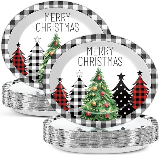 50Pcs Christmas Oval Paper Plates Large Disposable 11'' Dinner Plates Heavy Duty Buffalo Plaid Christmas Tree Black White Party Decoration Xmas Serving Tray for Holiday Party Supplies Tableware Set