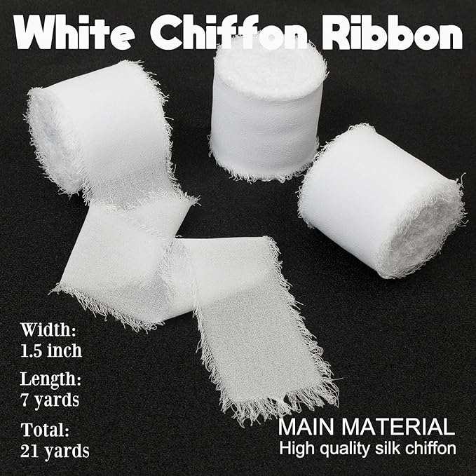 White Chiffon Ribbon - 1-1/2 Inch x 21 Yards Handmade Fringe Silk Ribbon for Wedding Invitation, Bridal Flower Bouquets, Floral Arrangement, Gift Wrapping
